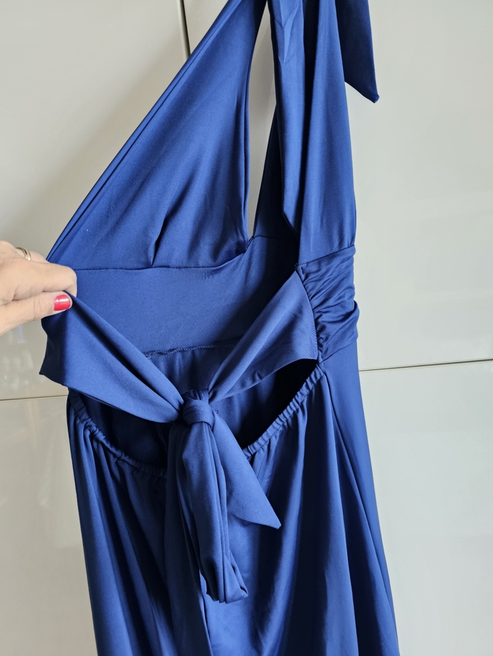 New Royal Blue Plunge Neck Halter Midi Dress with Low-Cut Sides and Side Slit - Picture 5 of 7